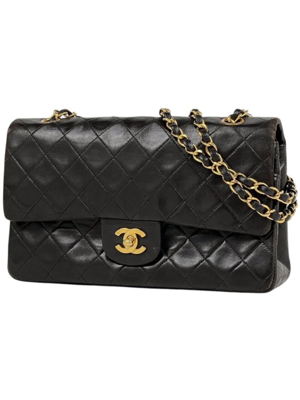 Chanel Shoulder Bag Quilted Double Flap CC Logo Leather Black